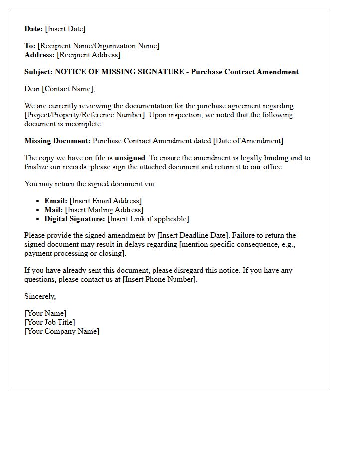 Missing Document Notice Letter Unsigned Purchase Contract Amendment