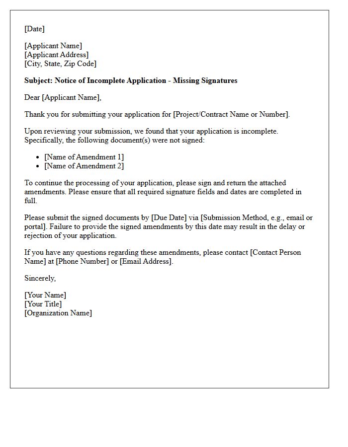 Notice of Incomplete Application Letter Regarding Unsigned Contract Amendments