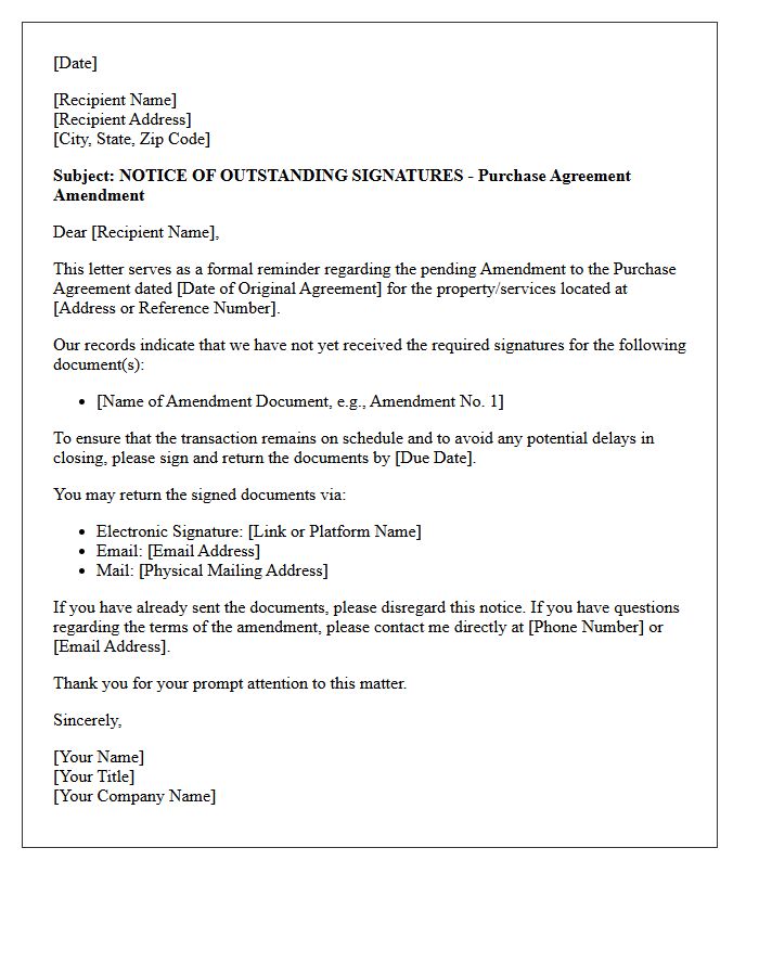 Notice of Outstanding Purchase Amendment Signatures Letter