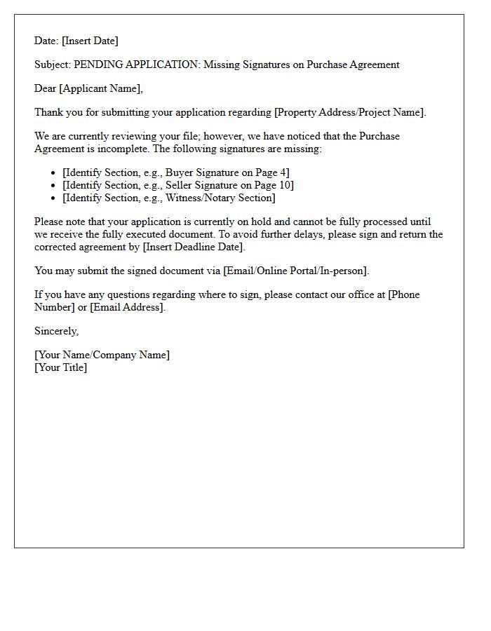 Pending Application Letter for Missing Purchase Agreement Signatures