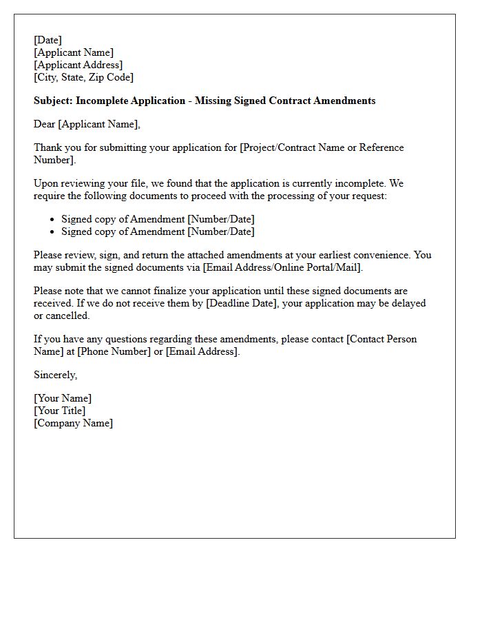 Request for Signed Contract Amendments Incomplete Application Letter