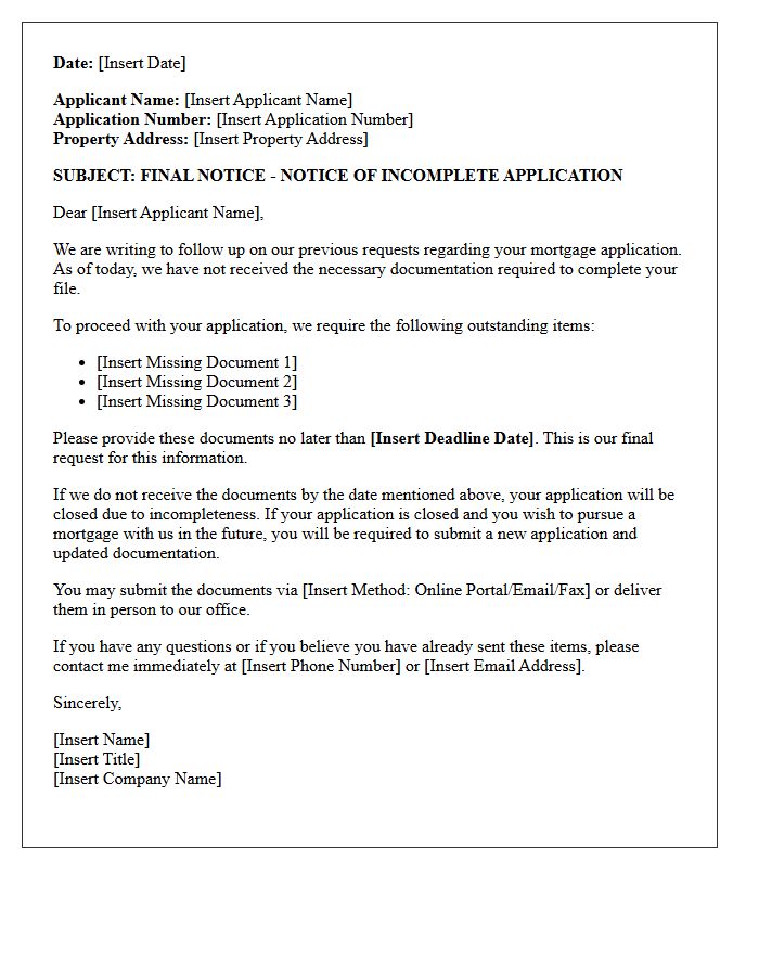 Final Notice of Incomplete Mortgage Application Letter