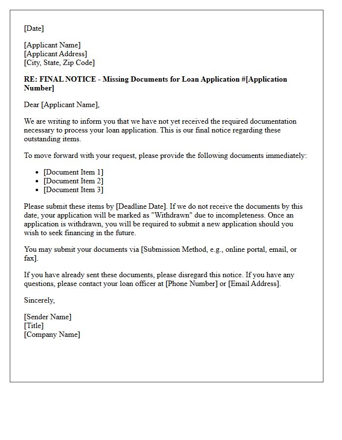 Final Notice of Missing Loan Application Documents Letter