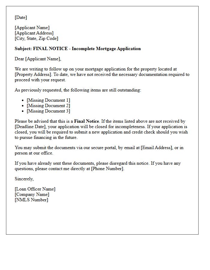 Incomplete Mortgage Application Final Notice Letter