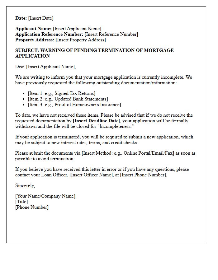 Mortgage Application Termination Warning Letter