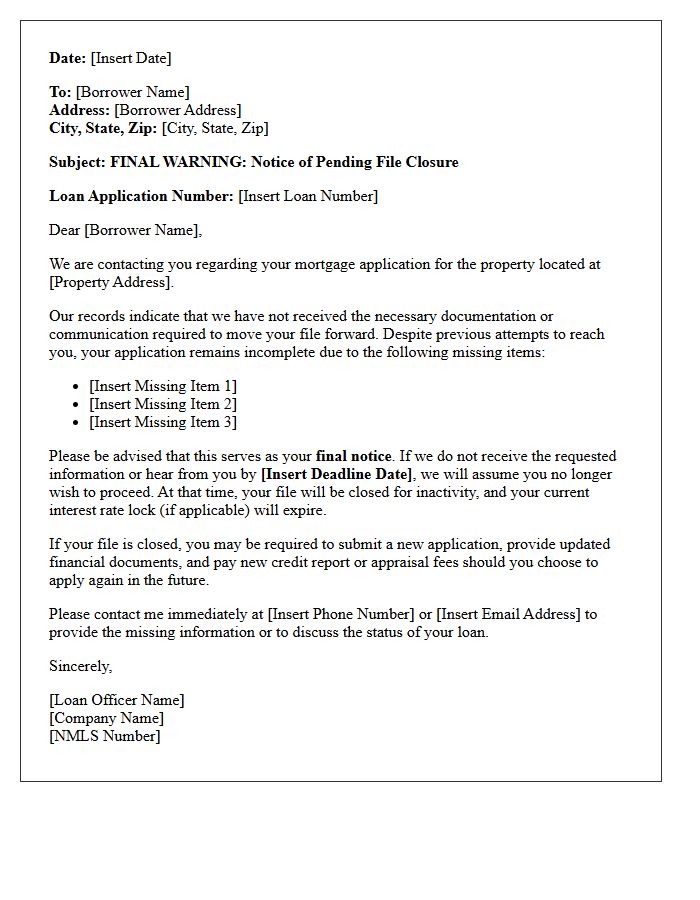 Mortgage File Inactivity Final Warning Letter