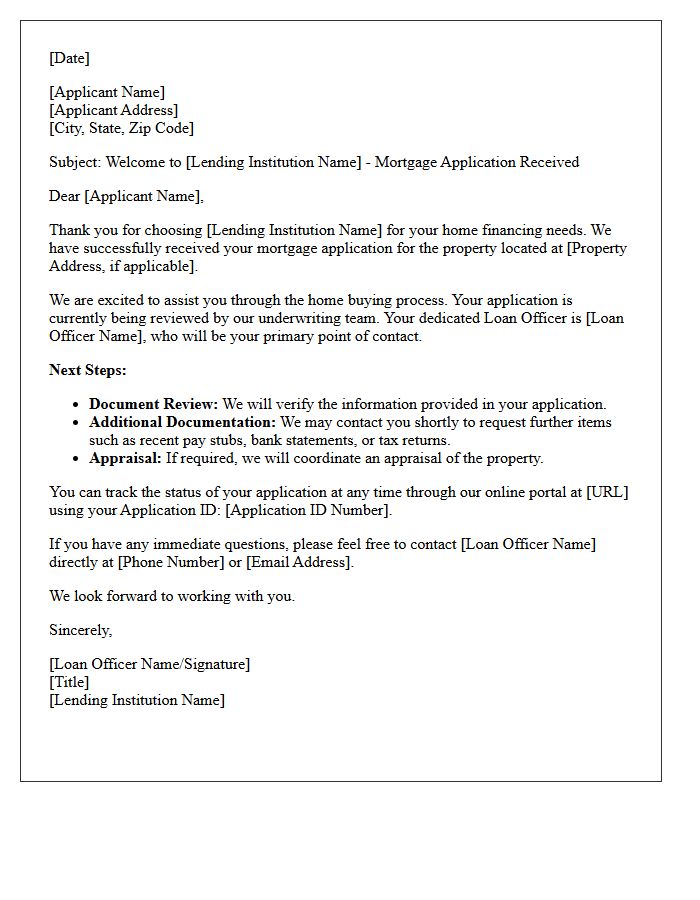 Standard Mortgage Application Welcome Letter
