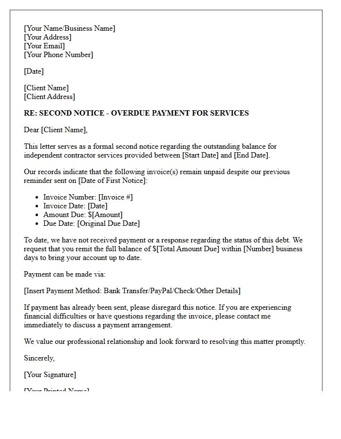 Debt Collection Second Notice Letter For Independent Contractor Services