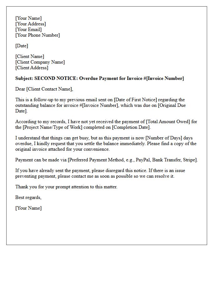 Overdue Balance Second Notice Letter For Freelance Work