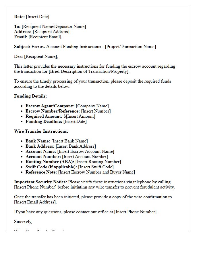 Escrow Account Funding Instructions Letter