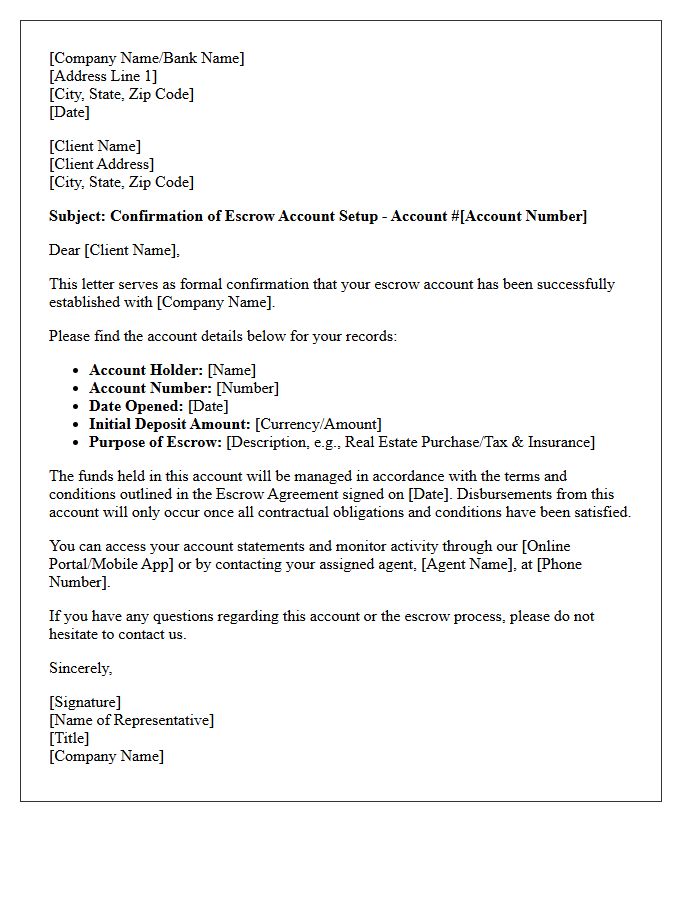 Escrow Account Setup Confirmation Letter