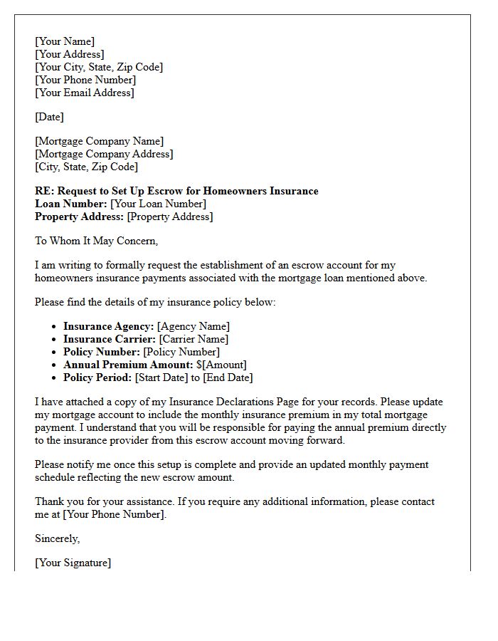 Homeowners Insurance Escrow Setup Letter
