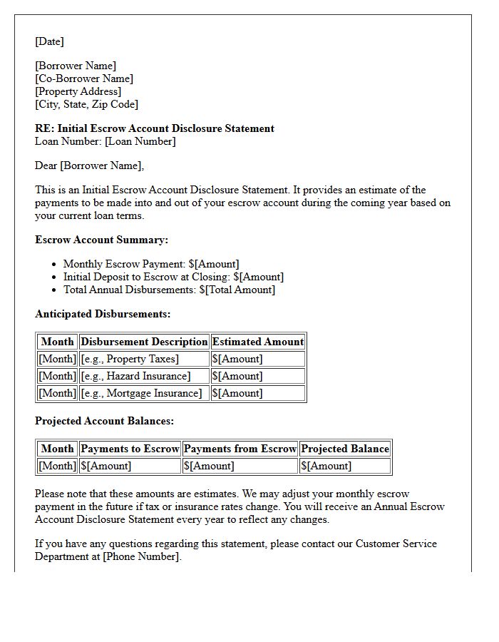Initial Escrow Account Disclosure Letter