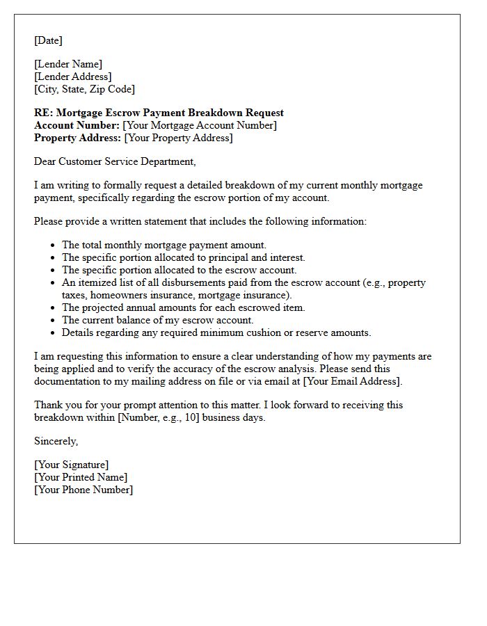 Mortgage Escrow Payment Breakdown Letter