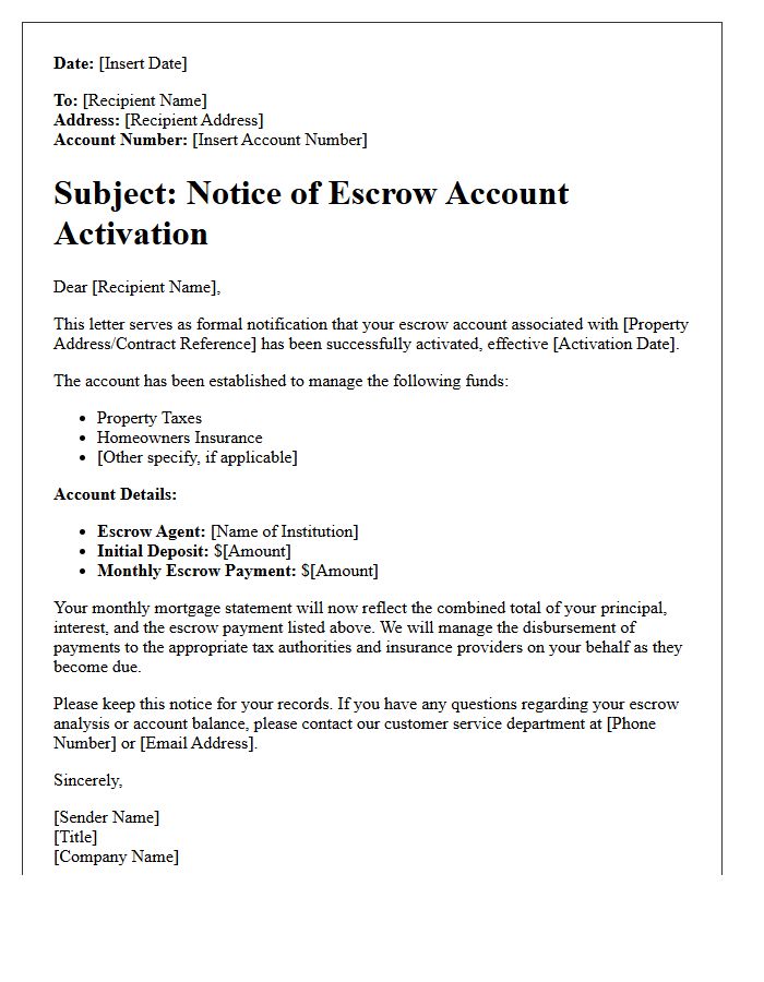 Notice of Escrow Account Activation Letter