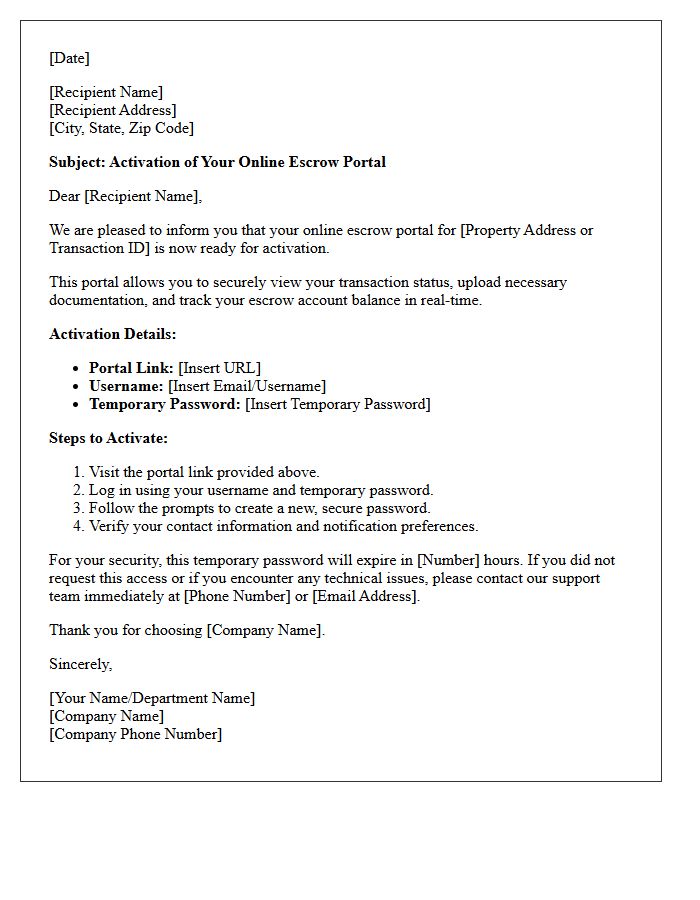 Online Escrow Portal Activation Letter