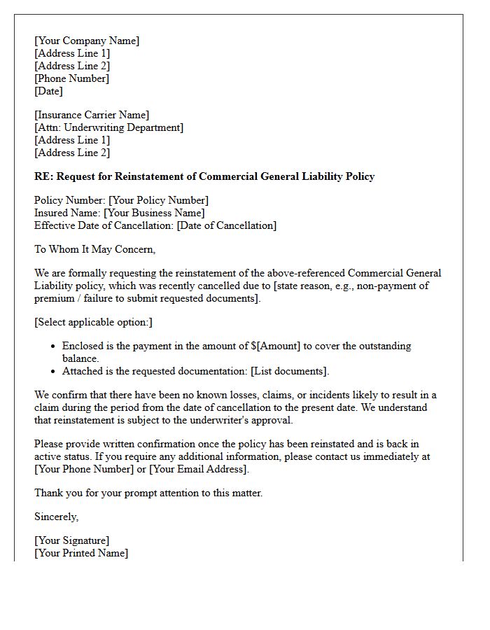 Commercial General Liability Policy Reinstatement Letter