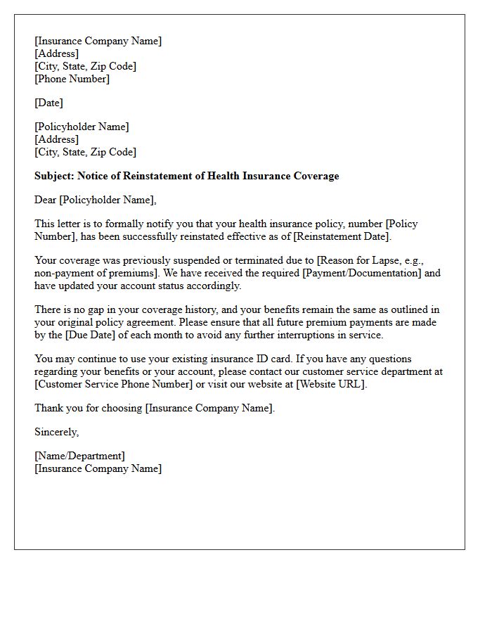 Health Insurance Notice of Reinstatement Letter