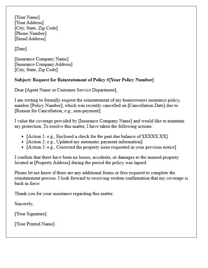 Homeowners Insurance Policy Reinstatement Letter