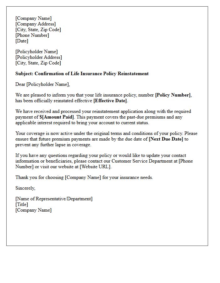 Life Insurance Policy Reinstatement Confirmation Letter