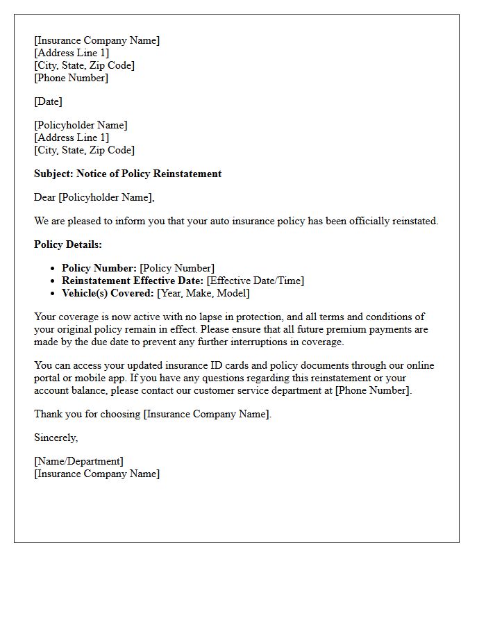 Notice of Auto Insurance Policy Reinstatement Letter