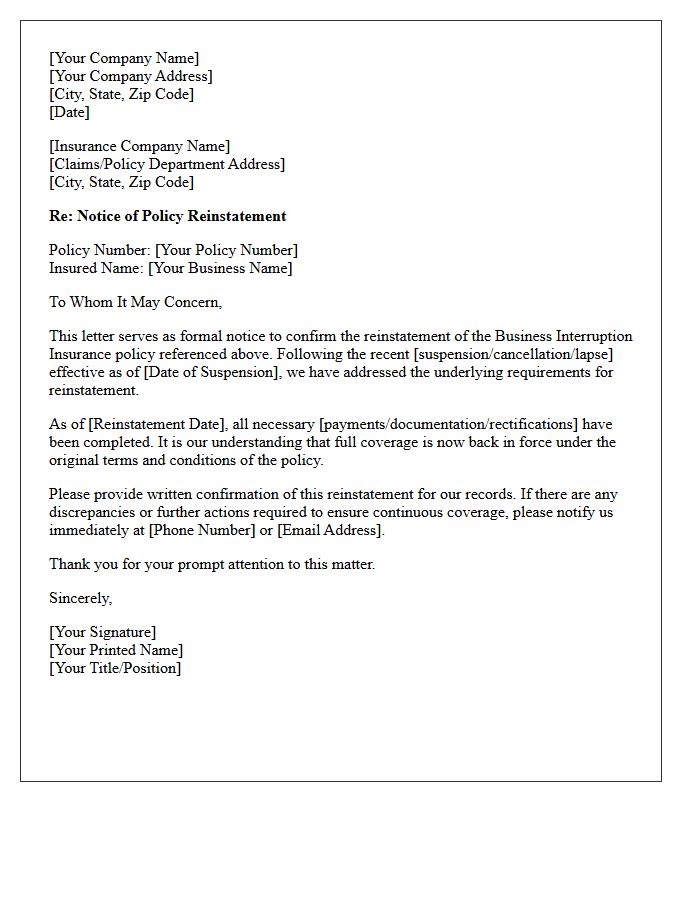 Notice of Business Interruption Policy Reinstatement Letter