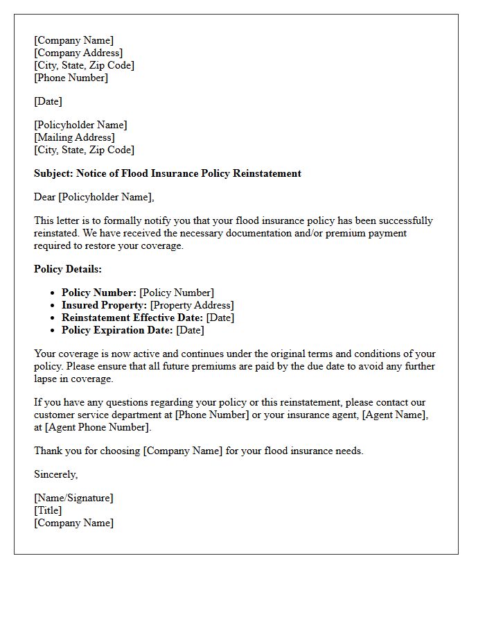 Notice of Flood Insurance Policy Reinstatement Letter