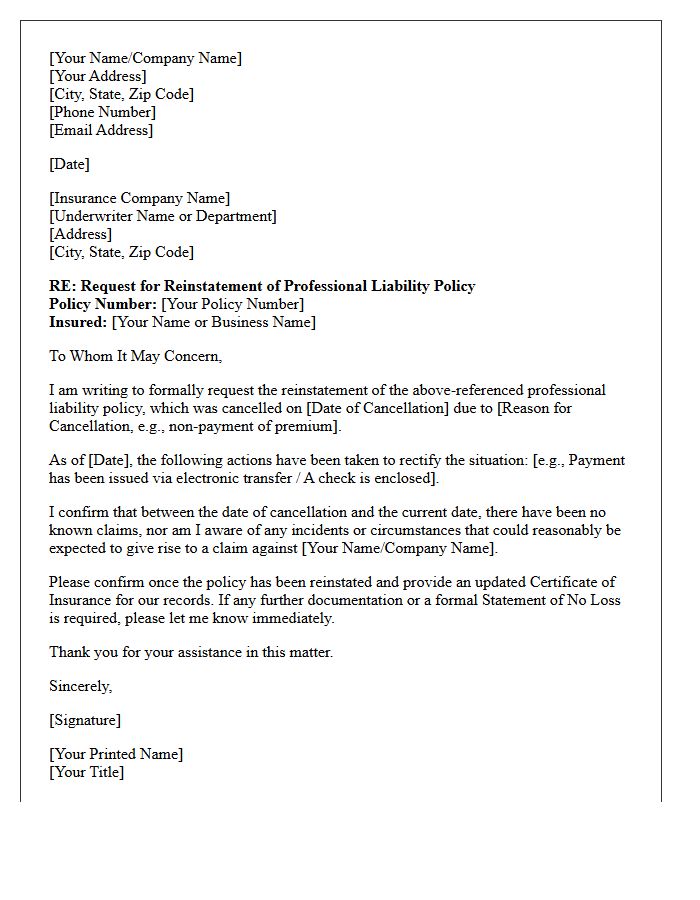 Professional Liability Policy Reinstatement Letter