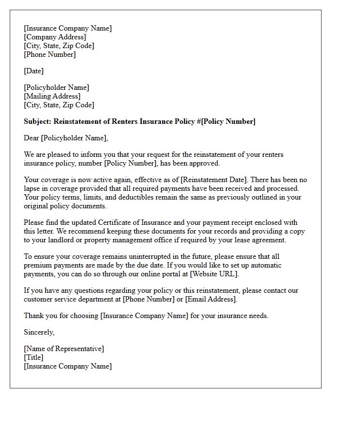 Renters Insurance Policy Reinstatement Approval Letter