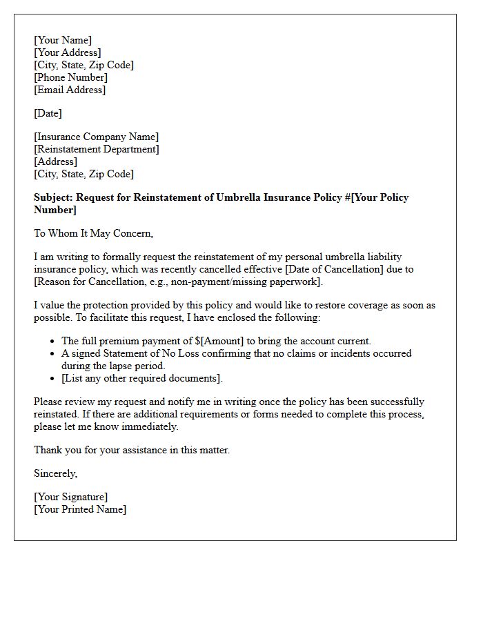 Umbrella Insurance Policy Reinstatement Letter