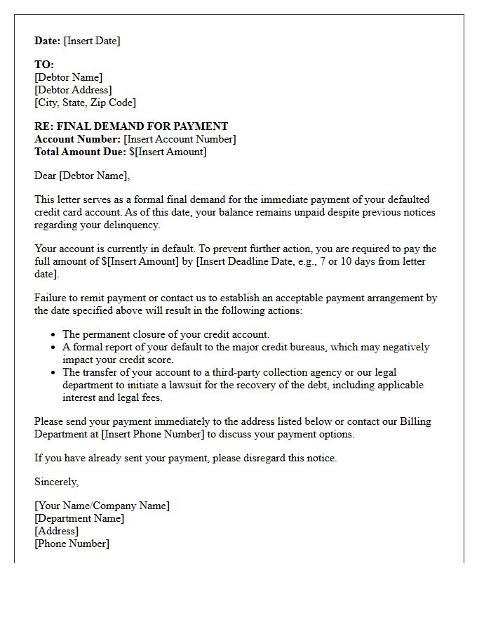 Final Demand Letter For Defaulted Credit Card Accounts