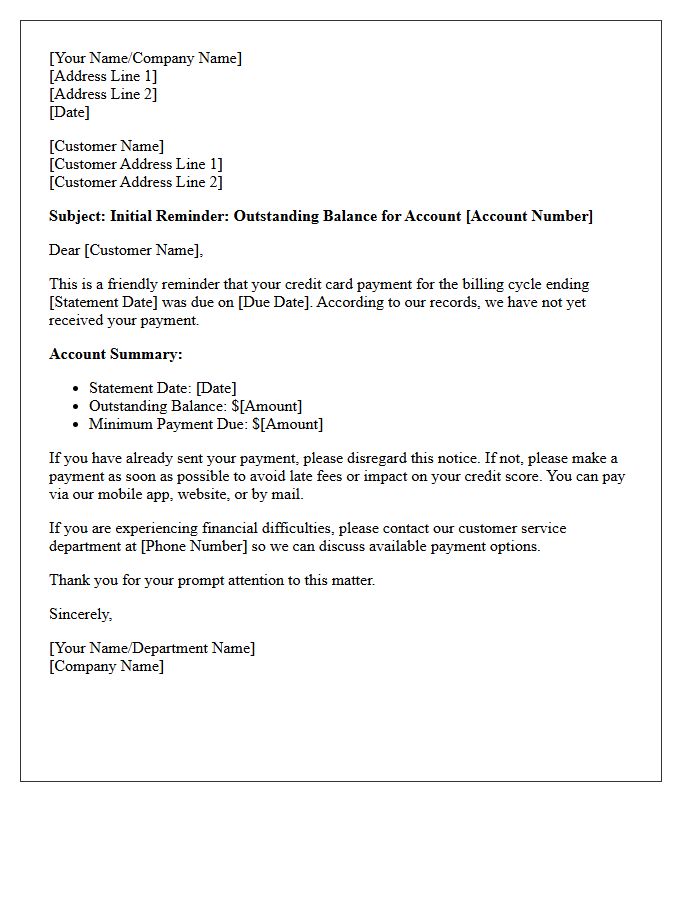 Initial Reminder Letter For Outstanding Credit Card Balances