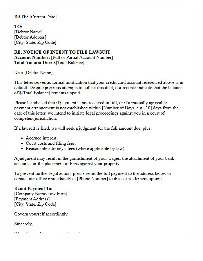 Intent To Sue Notification Letter For Defaulted Credit Card Accounts