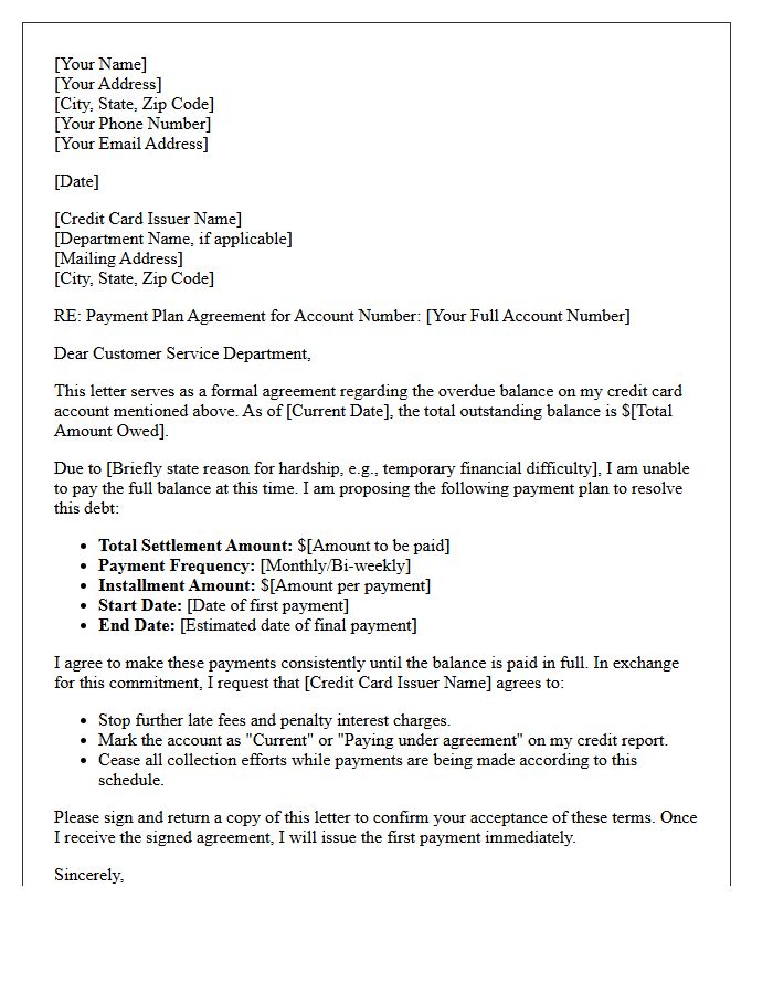 Payment Plan Agreement Letter For Overdue Credit Card Balances