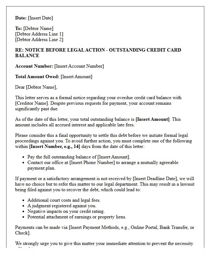 Pre-Legal Action Letter For Outstanding Credit Card Balances