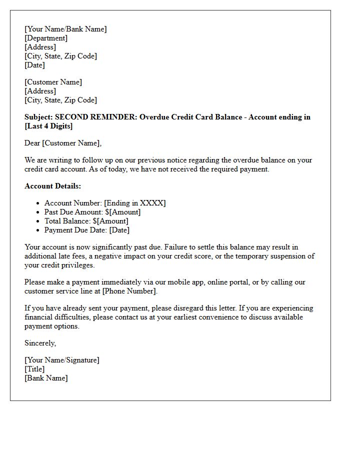 Second Reminder Letter For Overdue Credit Card Balances