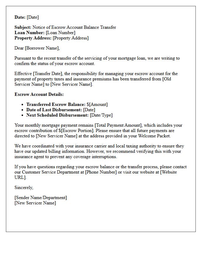 Mortgage Servicing Transfer Escrow Account Letter