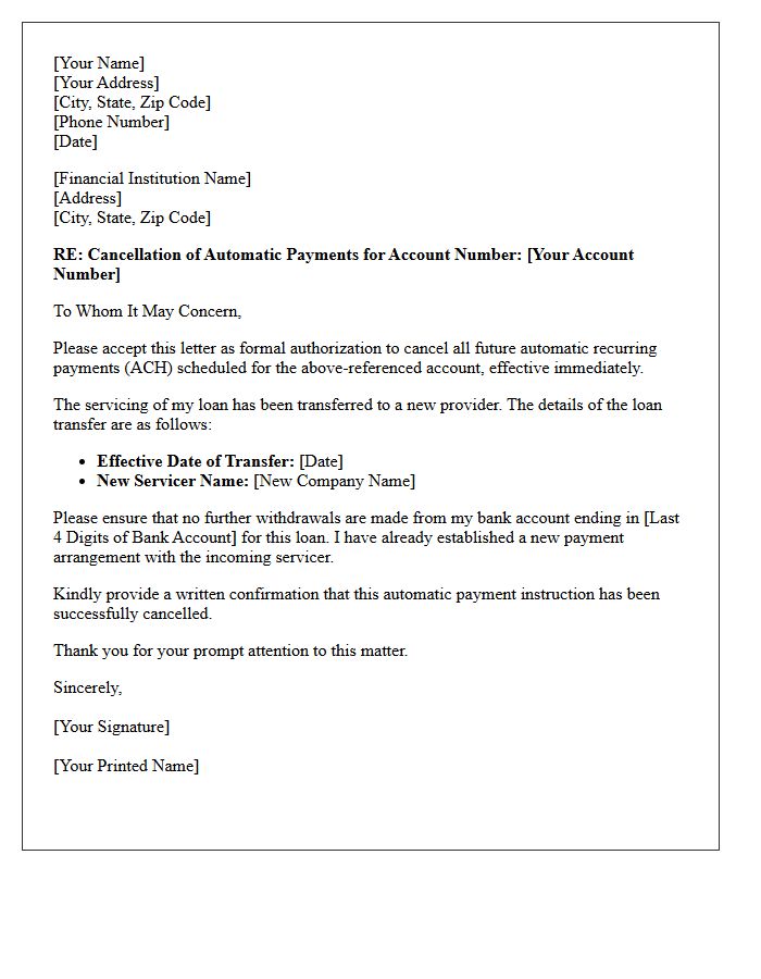 Transfer Of Servicing Automatic Payment Cancellation Letter