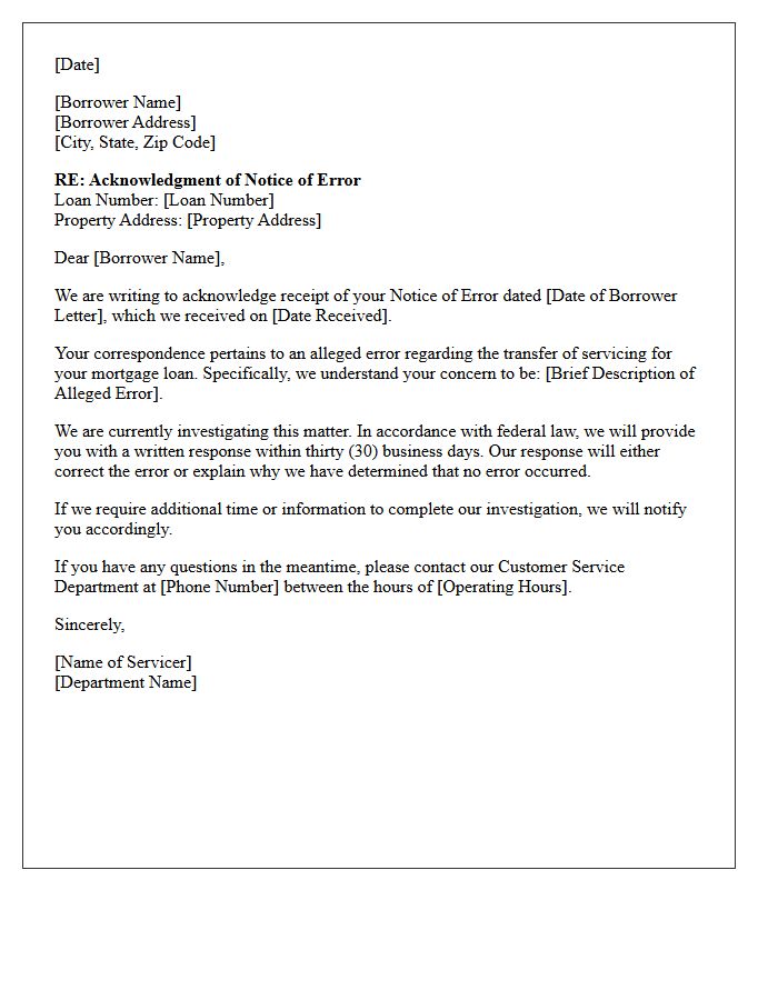 Transfer Of Servicing Notice Of Error Acknowledgment Letter