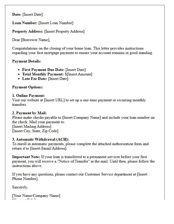 First Mortgage Payment Instruction Letter