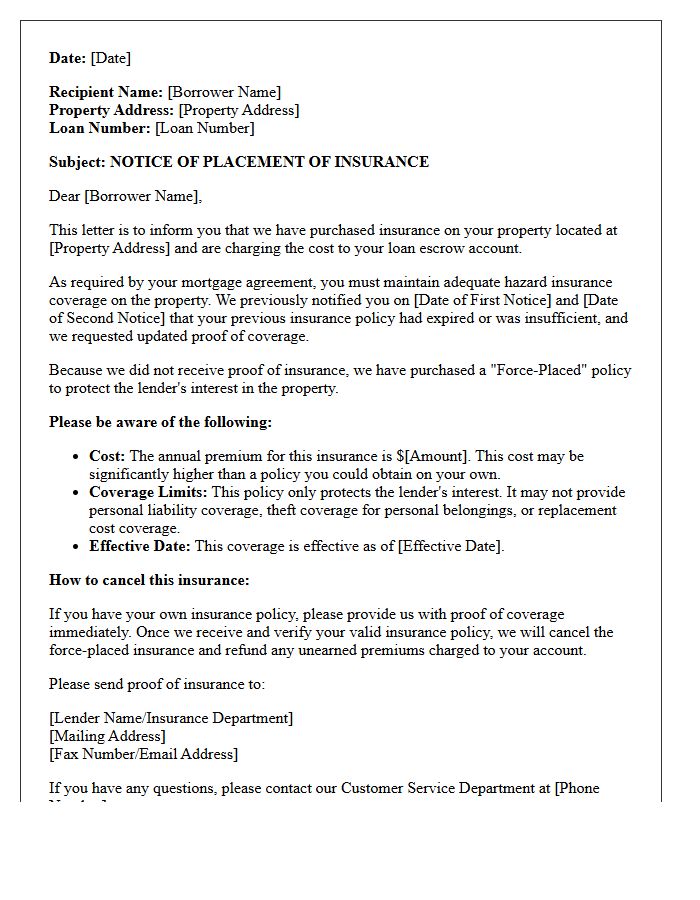 Force-Placed Insurance Notification Letter