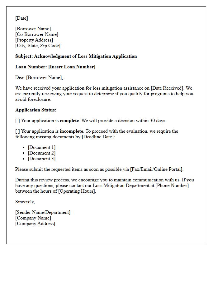 Loss Mitigation Application Acknowledgment Letter