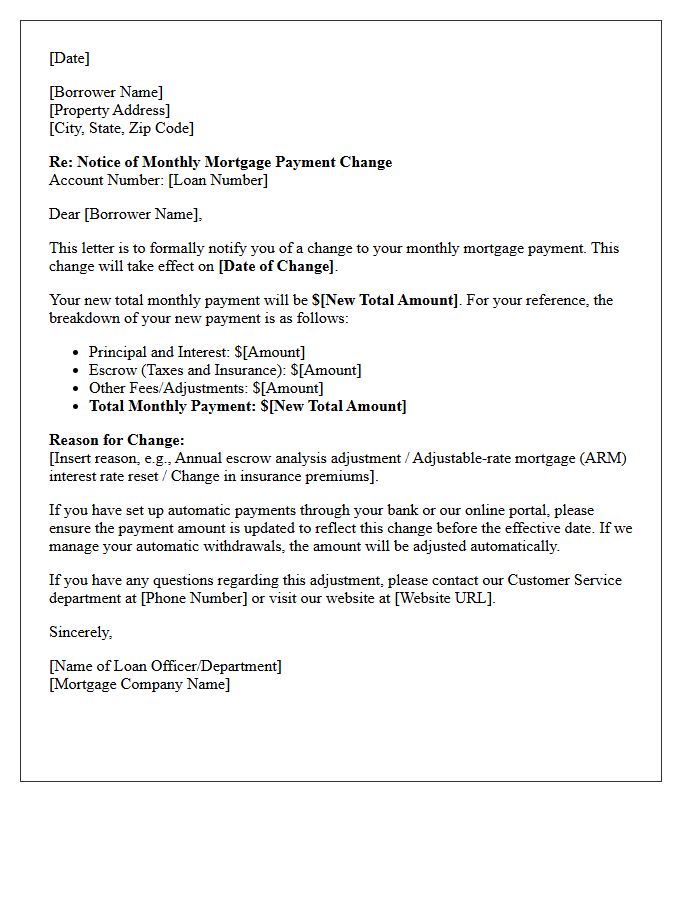 Monthly Mortgage Payment Change Letter
