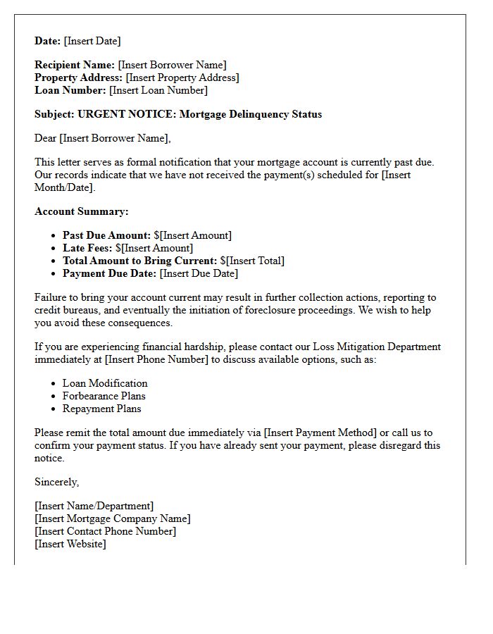Mortgage Delinquency Status Warning Letter