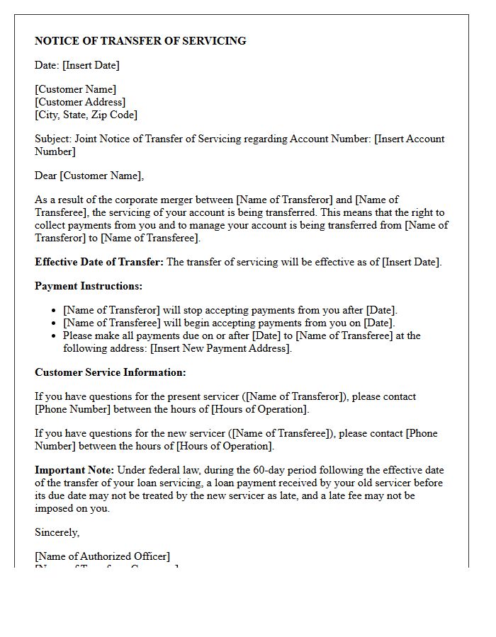 Corporate Merger Joint Notice of Transfer of Servicing Letter