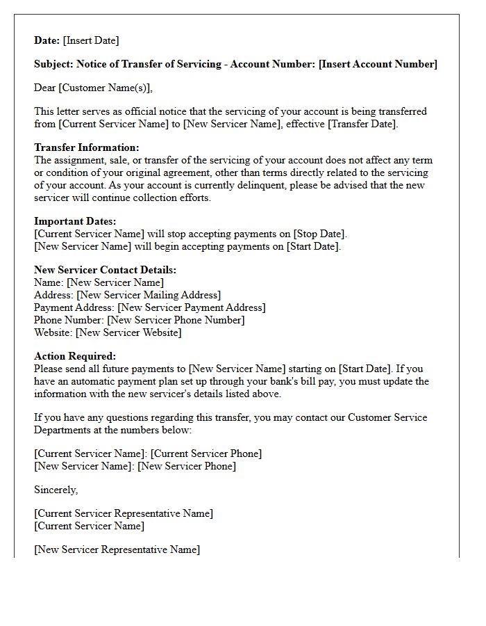 Delinquent Account Joint Notice of Transfer of Servicing Letter