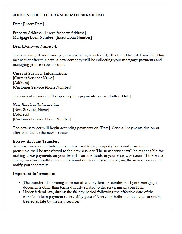 Escrow Account Joint Notice of Transfer of Servicing Letter