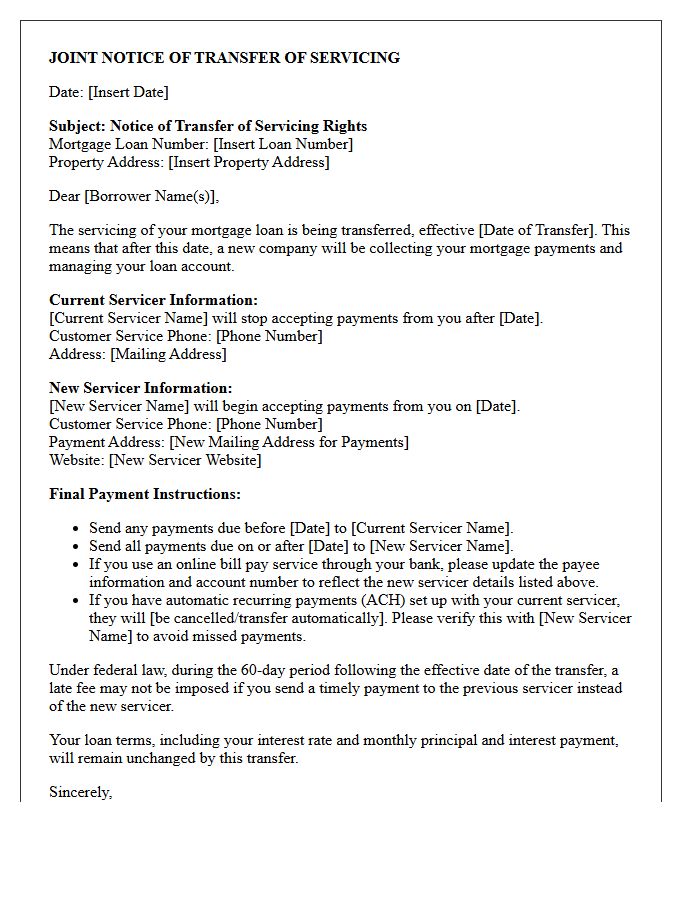 Final Payment Instruction Joint Notice of Transfer of Servicing Letter