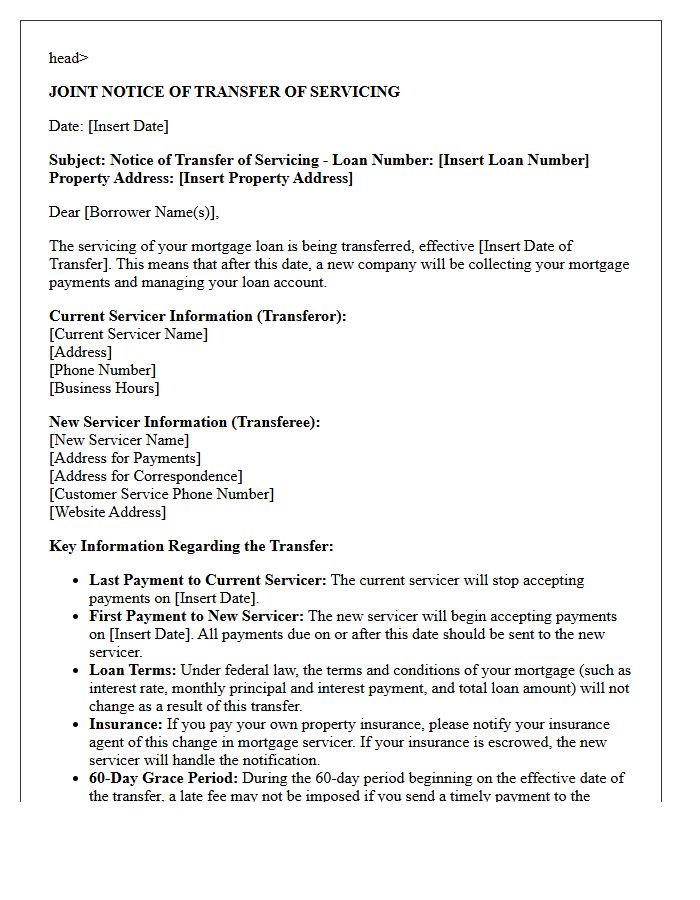 Government Backed Loan Joint Notice of Transfer of Servicing Letter