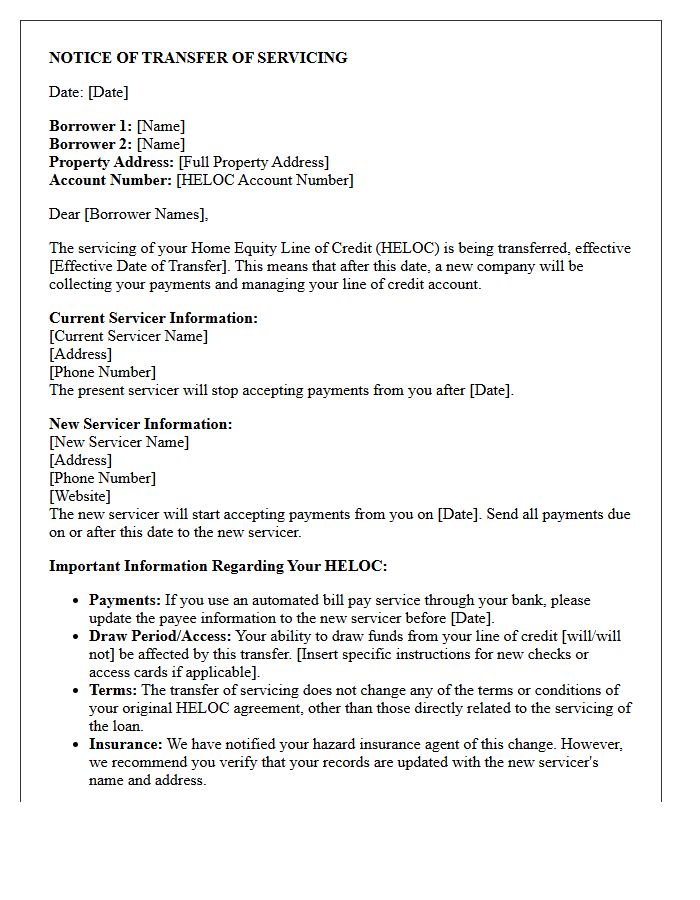 Home Equity Line of Credit Joint Notice of Transfer of Servicing Letter